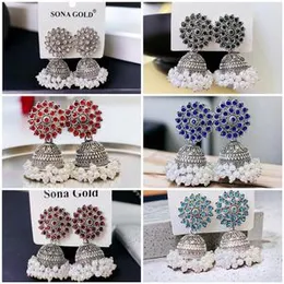 Silver Color Jimikki Drop Earrings with White Pearl & Multi-Color Fixed Stones for Women and Girls