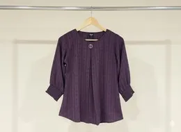 Womenâs Textured Long Sleeve Top | Smocked Cuff Round-Neck Top with Elegant Pin Detail