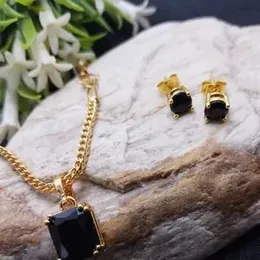 gold plated  chain with pendant 18/24 inch 2.2mm fox chain with black stone pendent  neckless for womens.