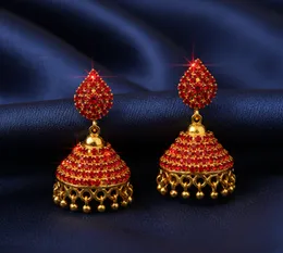Gold Plated Jimikki Earrings With red color 4-line Fixed Stone Gift For Women