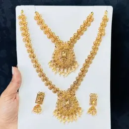 Dull Gold Big Double Layer Necklace with Earrings Set – Fashion Jewelry with Gold Stone for Women & Girls