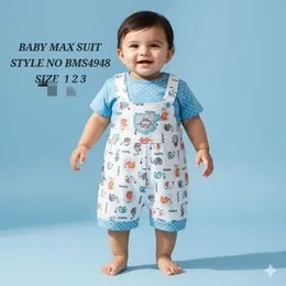 Baby Max Suit BMS9498 Boy Overalls Set Size 1-2-3 Cute Animal Print, Adorable Baby Boy Blue Dungarees Romper Suit Set Size 1 2 3 Years