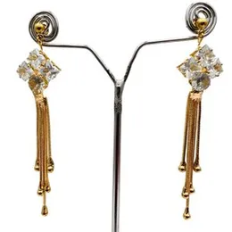 Modern Long Fancy Multi-Chain Earrings with White Crystal & White Stone