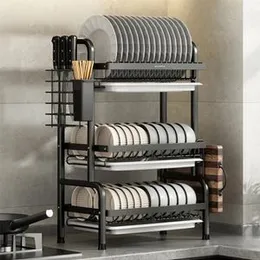 3layer Dish Storage Rack Drain Rack to Dry The Tableware Storage Box Countertop Household Goods Rack Kitchen Drain Rack (black)