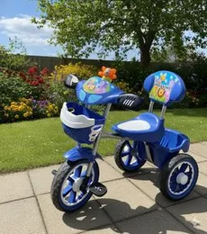 Kids Tricycle with Backrest & Front Basket â Cartoon Design Ride-On Toy (Blue)