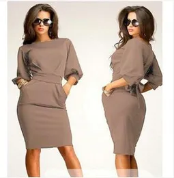 Women Work Dress Elegant Half Sleeve Slim With Belt Brown