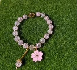 Handcrafted Elegant Pink Crackle Beads Stretch Bracelet with Cute Flower Charms, Stylish Women's Fashion Jewelry, Perfect Gift Idea