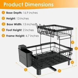 2 Layer Tier Metal Dish Drainer Rack (Stainless Steel)