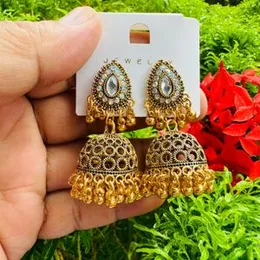 Dull Gold Round Design Jimikki Drop Earrings with Gold Beads for Women and Girls
