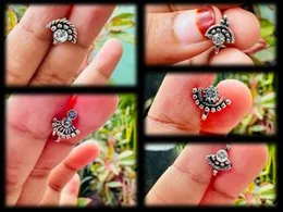 Silver Color Indian Traditional Non-Piercing Half-Moon & Dot Design Nose Ring with Stone for Women & Girls