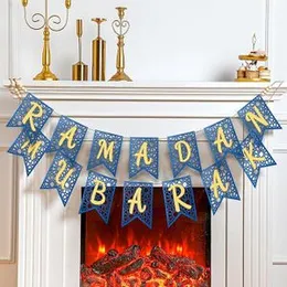 Eid Ramadan Mubarak Banner Wooden Decoration Rustic Bead Muslim Party Decor Supplies for Home Fireplace Indoor Outdoor