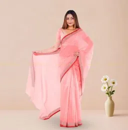 PEACH PINK WITH SILVER BOARDER ORGANZA COTTON