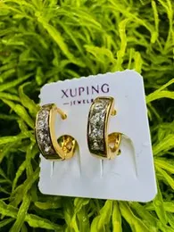 Gold Plated Small Gypsy Earrings with High Quality Four White Stones for Women & Girls