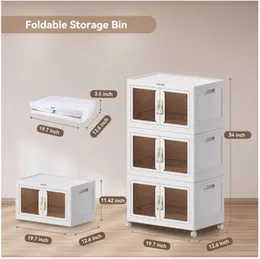 3 Tier Storage Box with Lid, Large Stackable Closet Organiser and Storage Cabinet with Front Door & Wheel, Collapsible Plastic Storage Drawers for Bed