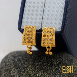 Gold Plated Ladies Shield Theme Earrings with White & Red Stones for Women & Girls