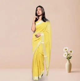 Yellow With Silver Border  ORGANZA COTTON