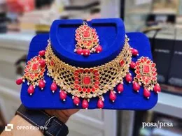Handcrafted Gold-Plated Bridal Choker Necklace Set â Red Beads, Earrings & Maang Tikka