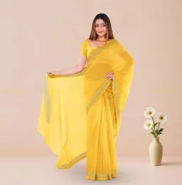 YELLOW WITH SILVER BOARDER ORGANZA COTTON