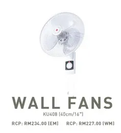 KDK Wall Fan KU408 16 Inch 50-61W 3 Speeds 1103-1349 RPM Ball Bearing Oscillation
