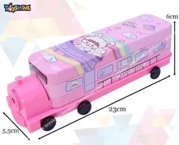 Toyshine Cartoon Printed Train Metal Pencil Box with Moving Tyres and Sharpner for Kids - Pink