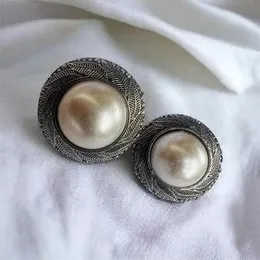 Dull Gold & Black Silver Color Big Round Stud Earring with White Pearl for Women & Girls