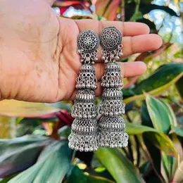 Black & Silver Three-Layer Long Jimikki Earrings with Silver Beads for Women and Girls