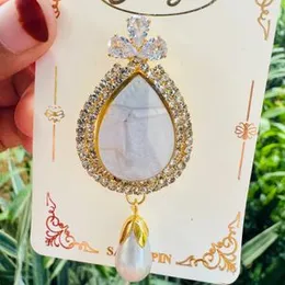 Gold Color Beautiful Water Drop Mirror Type Saree Brooch with White Stones & Pearl Drop for Women & Girls