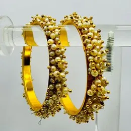 Gold Color Effulgent Fashion Jewelry Off White Pearl Beaded Multicolor Bangle Set (2 Pieces) for Women