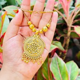 Oxidize Gold color 55cm short chain with round design medium pendant without stone and gold beaded necklace for women and girl