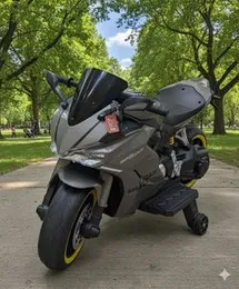 Gray Ride-On Sport Motorcycle â Stylish Design with Training Wheels for Kids