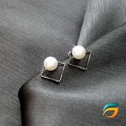Earrings For Women Box Theme Black Silver Plated Stud Earrings With Pearl.