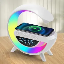 PYU Atmosphere Night Light Wireless Phone Charger Bluetooth Speaker Alarm Clock All in One LED Table Lamp for Bedroom, Living Room, Office, Ideal Gift