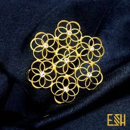 New Arrivals ESH Gold Plated Fashion Stylish Round Flower Design Saree Brooch / Saree Pin with Fixed White Stone for Women