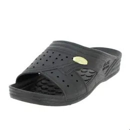 Menâs black open-toe rubber slipper, style slide.