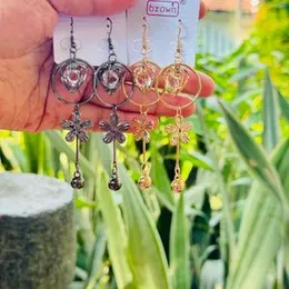Gold & Dark Ash Color Round Dangle Earrings with Flower & Ball Tassel Drop for Women & Girls