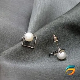Earrings For Women Box Theme Black Silver Plated Stud Earrings With Pearl.
