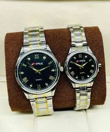 Orix Stainless Steel Couple Black Dial Gold Watch