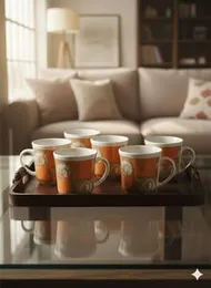 Set of 6 Ceramic Coffee Mugs â Orange & Brown with Cotton Flower Design