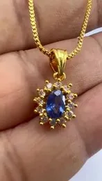 22KT Gold Plated 1MM Box Chain with Cubic Zirconia Blue & White Rectangle Stone Flower Theme Pendant