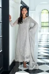Soft Grey Embroidered Chiffon Formal Suit