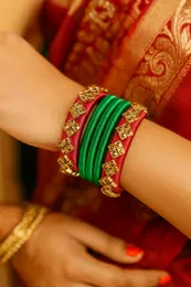 Silk Thread Bangles Set â Green & Maroon with Golden Stones | Traditional Handmade Bangles for Women