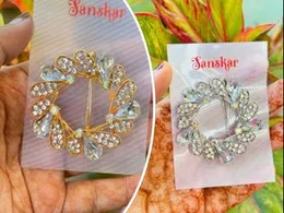 Beautiful Leaf Design Round Saree Brooch with White Stone for Women