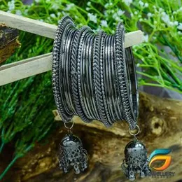 Silver plated bangles Black Silver Royal Fancy Bangle Set With Jhumki Tassel Hanging Bangles for Women.