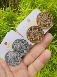 Oxidized Gold & Silver Color Big Round Flower Design Stud Earrings with Carving for Women & Girls
