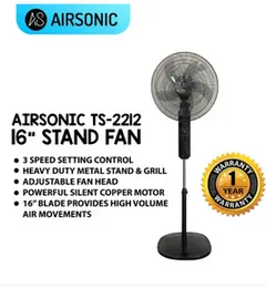 Airsonic Stand Fan TS-2212 16 Inch 5 Blade 50W Full Copper Motor 3 Speeds Timer Oscillation Heavy Base High Speed Cooling