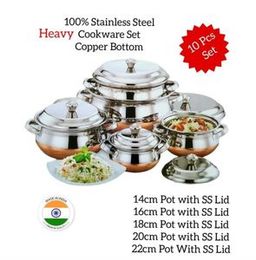 Punjabi Dish Stainless Steel Copper Bottom with Lid Cooking Kitchen Pot 10 Pcs Set