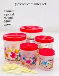 Plastic Flora Containers Round Basket 5 Pcs In One Set with Free Spoons Storable Food Items, Grocery Goods In Kitchen
