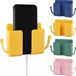 Phone Holder with Hook Wall Mount Sticky on Wall Stand Mount Mobile Phone Charger Socket Pocket, Storage Box Cell Phone Remote Control Holder, Damage-