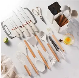 Silicone Kitchenware 19 Piece Set, Non Stick Pot, Cooking Spoon, Kitchenware with Storage Bucket, Knife Combination