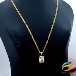 Góld Plated Chain With Pendant 18/24 inch 02MM Bismark Chain with White Box Shape Stone Pendant Necklace for Ladies  & Girl.